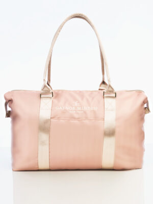 Pink tote bag with beige handles, front view showing Gaynor Minden New York logo on the front panel.